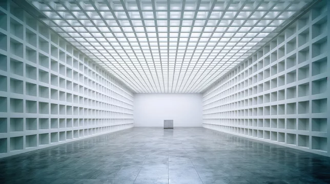 Bright cube space featuring perforated ceiling design