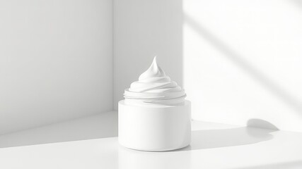 White Jar with Creamy Swirl on White Surface in Studio Corner with Soft Light and Shadows