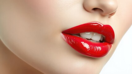 Obraz premium Close-up demonstrating red lip color with perfect white teeth and smooth skin, emphasizing beauty and cosmetic enhancement