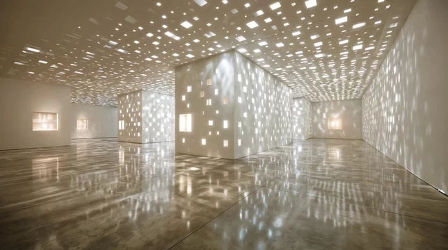 Empty white cube room with perforated ceiling shadows