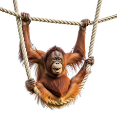Orangutan swinging on rope isolated on transparent background