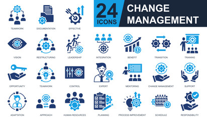 Change Management Icons set vector illustration. Containing teamwork, integration, human resources, mentoring, opportunity and more. Simple solid icons collection.