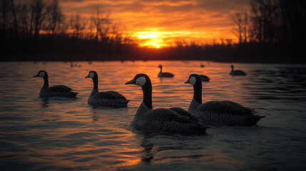 Migratory Ducks Floating on Lake During Sunset
