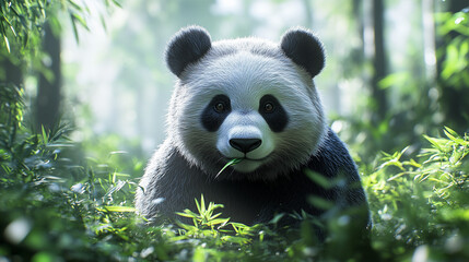 Obraz premium Panda Eating Bamboo in Misty Green Forest