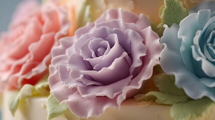 Intricately Sculpted Pastel Fondant Roses with Ruffled Edges Showcasing Enchanting Confectionery Artistry for Promotional Displays