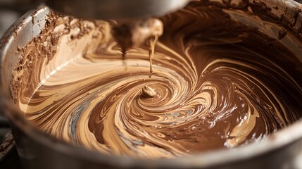 Industrial Ice Cream Production: A Close-up View of a Factory Mixer Crafting Swirls of Vanilla and Chocolate in a Stainless Steel Bowl