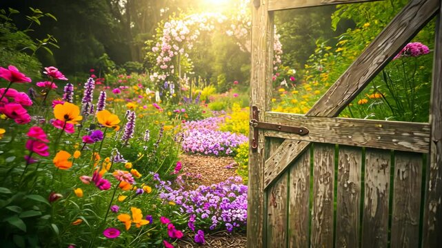 Open wooden gate reveals a vibrant garden with colorful flowers