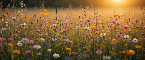 Green spring meadow with nature field grass in summer under sunny sky sun shining on flowers garden landscape fresh day floral daisy and blue outdoor herb light bright chamomile park rural cloud