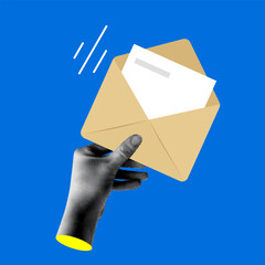 Halftone hand holding envelope with letter. Receive email, message. Concept of communication, chats. Send a newsletter, invitation. Modern collage