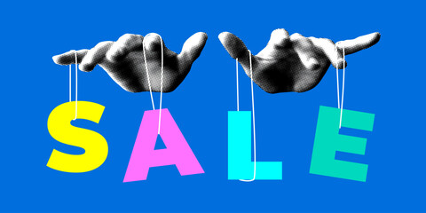 Puppet master controlling letters Sale. Word Sale is tied with strings to the fingers. Human hand manipulates the sale. Shopping concept, sale banner. Modern collage