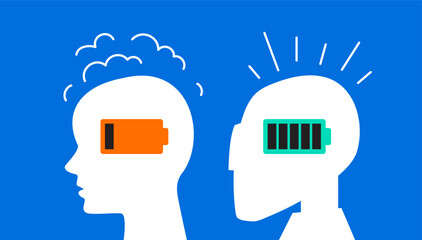 Silhouette of a human head with a dead battery and a robot head with a charged battery. Unequal powers of humans and artificial intelligence. AI is superior to humans. Rivalry between robot and human