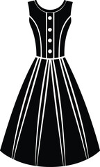 Elegant vintage black dress silhouette with flared skirt and button detail