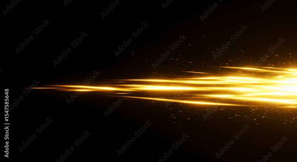 Poster abstract motion blur light trail with golden particles. speed effect for modern design. dynamic back