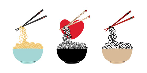 Different variations of noodles in bowl, asian food with wooden chopsticks