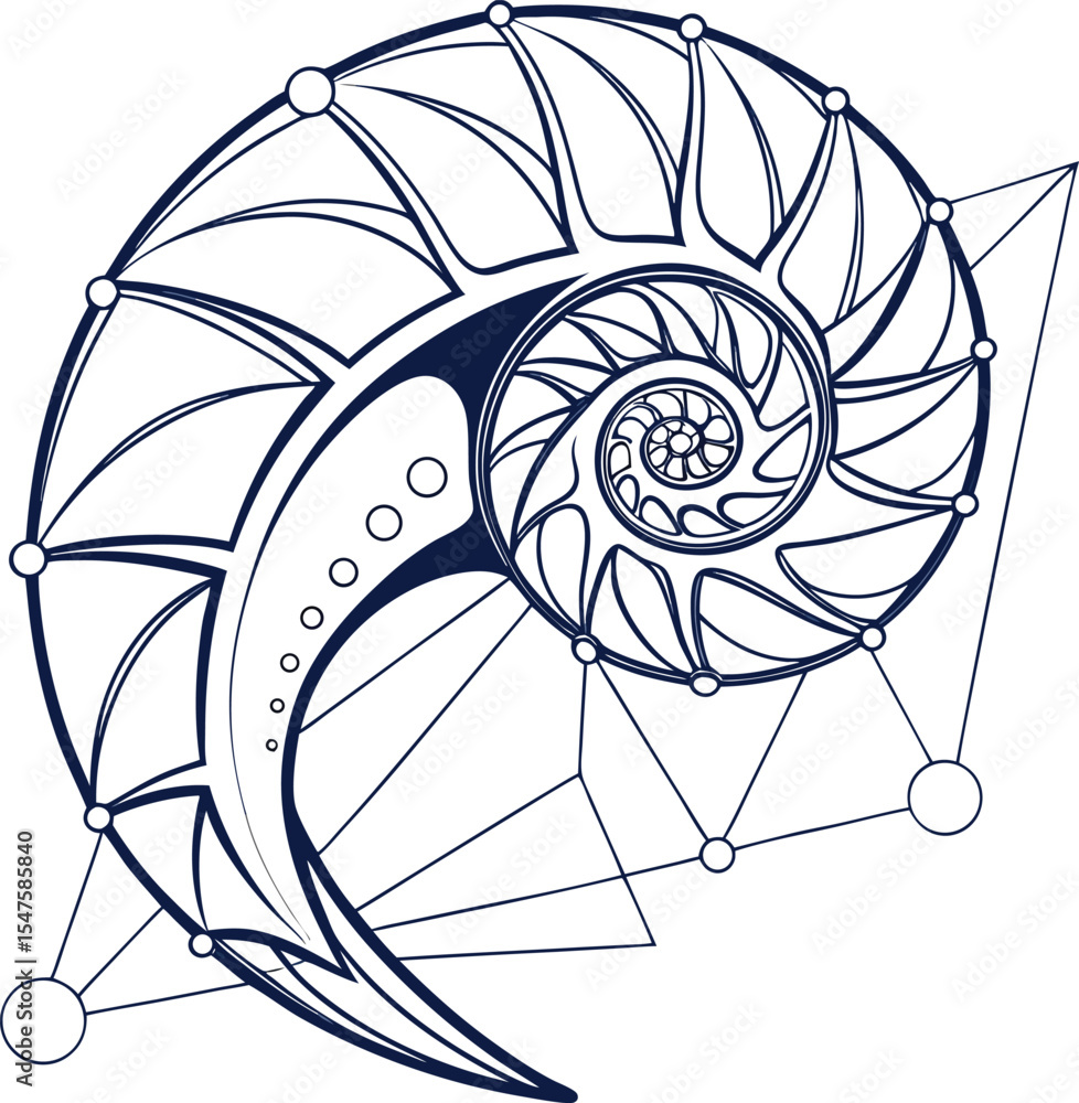 Poster abstract blue spiral shell vector illustration, a fractal swirl design with a light curve pattern, s