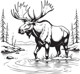 Majestic Moose in Wilderness: A powerful moose strides through a tranquil waterway. Its impressive antlers frame the serene scene, illustrating a connection with the wilderness.