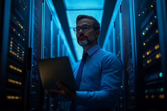 IT admin monitoring system performance using digital dashboard on tablet in server facility - Powered by Adobe