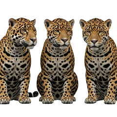 Three jaguars sitting and looking forward isolated on transparent background