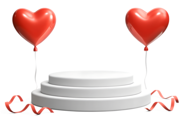 3D podium Valentine red heart shaped helium balloons floating decorations s, Empty stage display presentation product scene, isolated on white and transparent background, ai generate