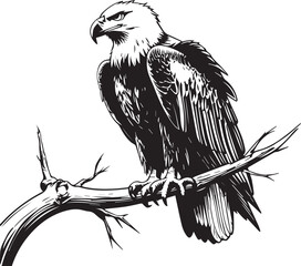 Majestic Eagle Perched: An intensely focused eagle, embodying strength and vigilance, rests atop a sturdy branch, its piercing gaze fixed in concentration, as a timeless depiction of avian royalty.