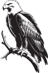 Majestic Eagle Silhouette: A strong eagle with piercing gaze perches on a tree branch, rendered in a striking monochrome illustration, symbolizing freedom and power.