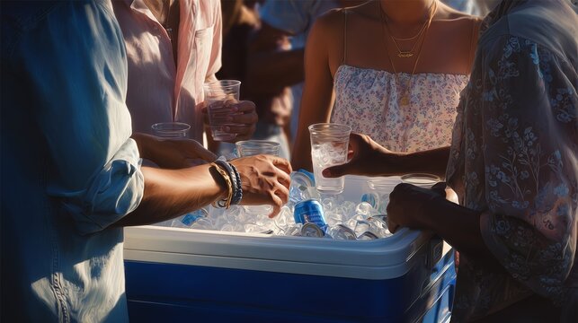 Friends gather around a cooler sharing drinks at a summer outdoor event during sunset