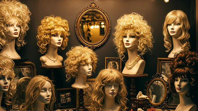 Mannequin heads with various vintage blonde and brown wigs displayed