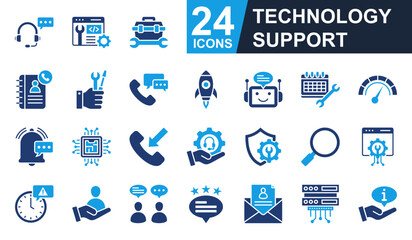 Technology support Icons set vector illustration. Containing call center, contact book, bot chat, maintenance support, information and more. Simple solid icons collection.