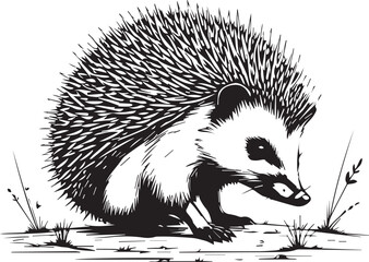 Ink Illustration of a Curious Hedgehog: A detailed, monochrome illustration of a hedgehog, nose to the ground, amidst subtle grassy elements, depicting its curiosity and exploring nature.