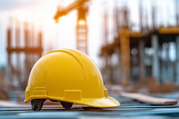 Hard hat at job site with construction worker in background representing safety first on site