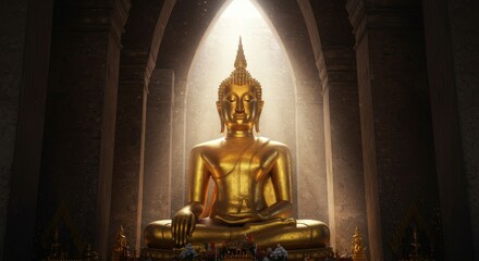 Golden Buddha Statue in Ancient Temple Peaceful Serenity