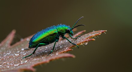 Fototapeta premium Vibrant Green Beetle on Dew-Covered Leaf - Macro Photography