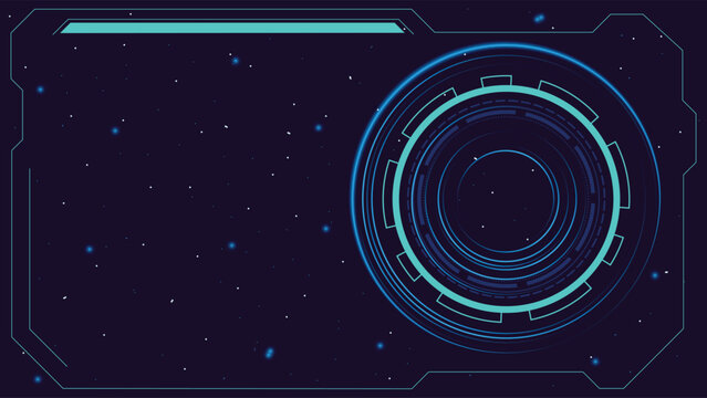 High tech digital background with glowing circular HUD elements and outer space star field for sci fi and UI themes