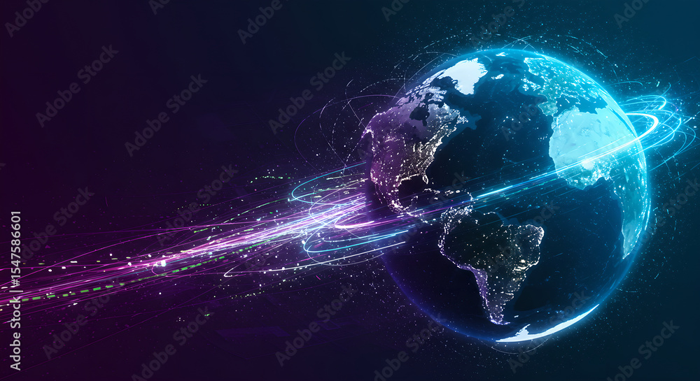 Poster global network communication lines around planet. digital data transmission across earth. technology