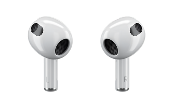 A pair of wireless earbuds designed for audio listening.
