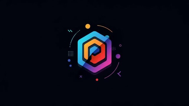 Vibrant geometric logo design featuring hexagonal shapes and colorful elements on a dark background