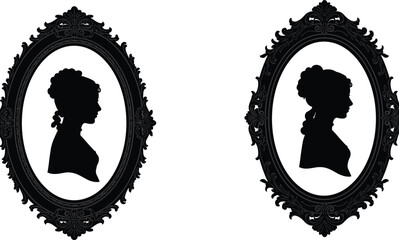 Vintage woman silhouette in ornate oval frame, classic Victorian portrait style illustration, antique cameo design for decoration, retro artwork, elegance, nostalgia, feminine beauty