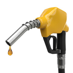 Yellow gas pump nozzle with a drop of fuel isolated on transparent background