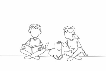 Continuous one line drawing a boy and girl sitting cross legged on the floor and boy is reading a book to cat. The cat lover. National Pet Parents Day. Single line draw design vector illustration