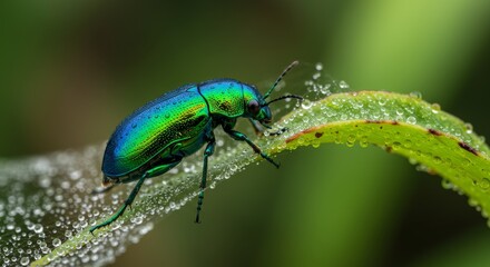 Vibrant Green Beetle on Dew-Covered Leaf