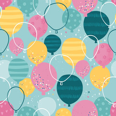 Fun hand drawn party seamless design with fun balloons. Great for birthday parties, textiles, banners, wallpapers, wrapping - vector design