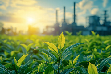 Leafy plant near oil and gas facility representing hope for green energy and environmental transformation