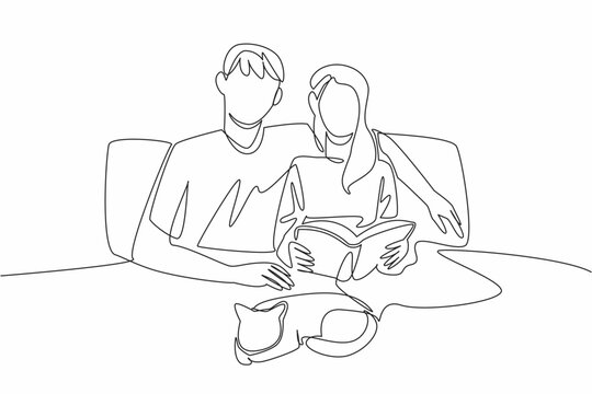 Continuous one line drawing romantic couple relaxing on the bed and reading a book. Quality time with beloved cat. Joy together. National Pet Parents Day. Single line draw design vector illustration - Powered by Adobe