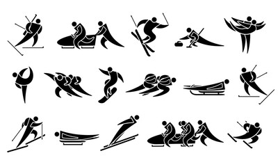 Winter sport icon set with people, black silhouette isolated on white. Biathlon, bobsled, curling, skating, skiing and snowboard athletes. Vector sign for winter sport games and Olympics design.