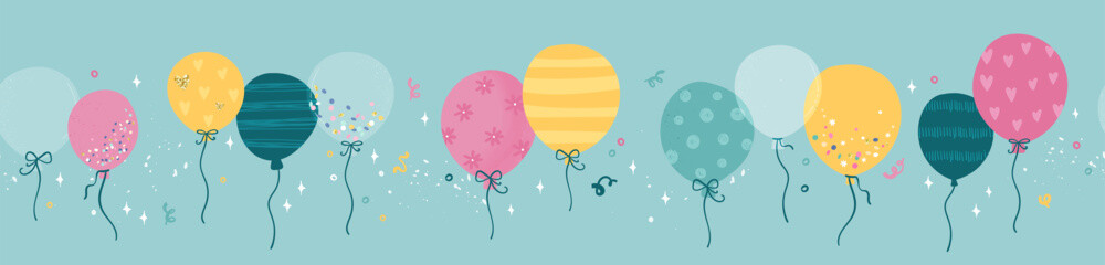Fun hand drawn party seamless design with fun balloons. Great for birthday parties, textiles, banners, wallpapers, wrapping - vector design