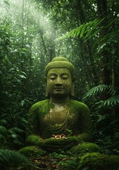 Moss-Covered Buddha Statue in Lush Green Forest