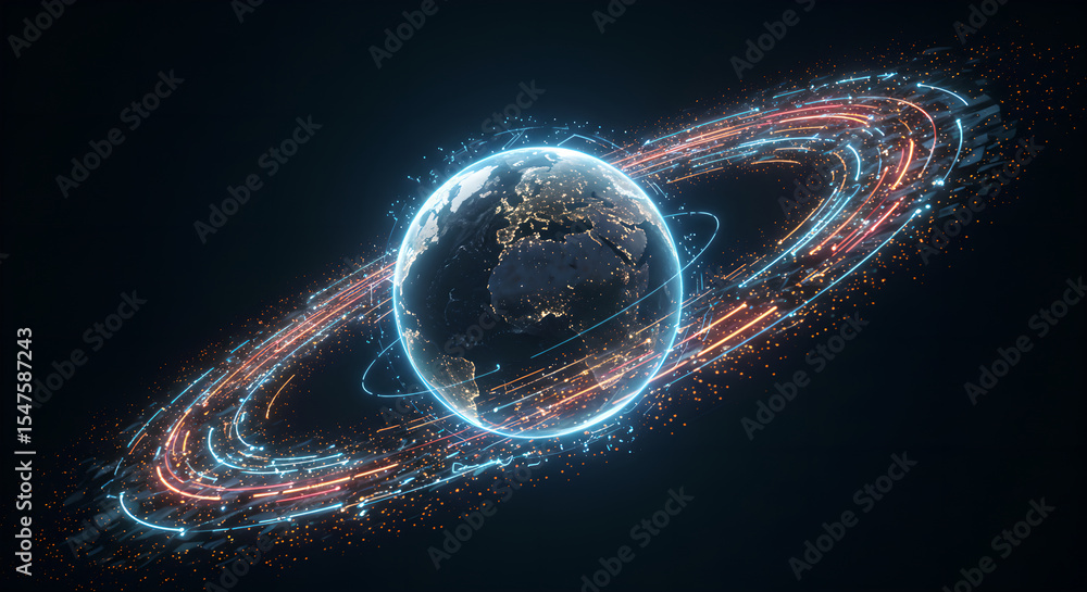 Poster global communication network with digital data streams around earth. technology and internet concept