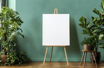 A white, blank canvas on an easel mockup, in front of a sage green wall, in a minimalist style