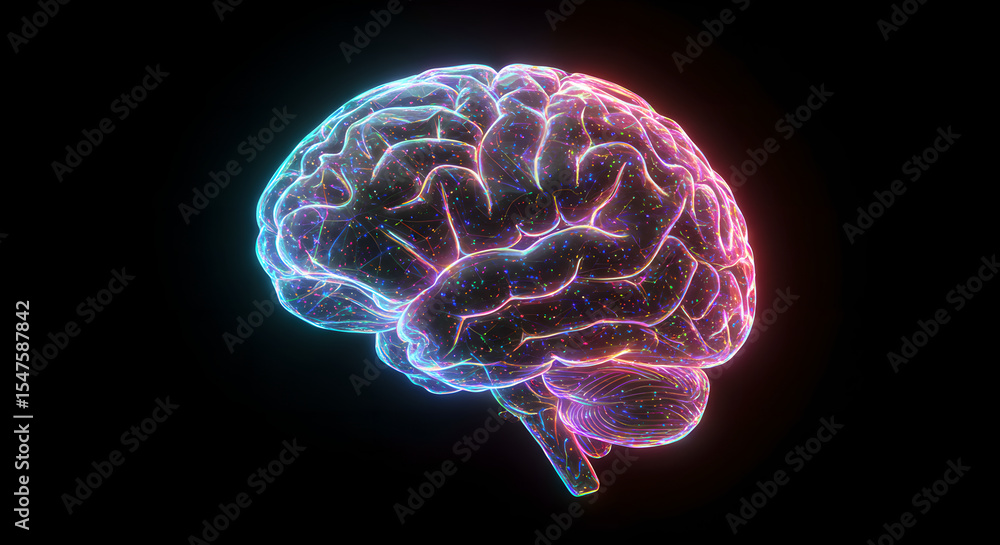 Poster human brain with glowing lines and particles representing neural network. artificial intelligence an