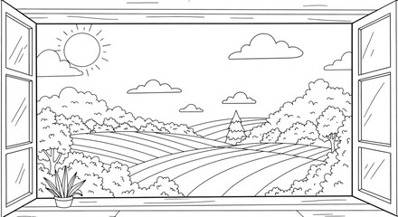 Obraz premium Scenic View Through an Open Window – Hand-Drawn Line Art Illustration
